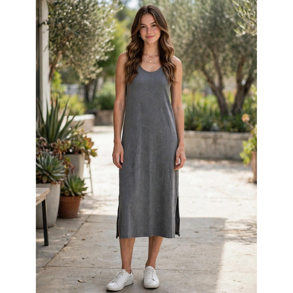 Free Fly Womens Bamboo Midi Dress Heather Grey Sleeveless Tank Slit Hem Large